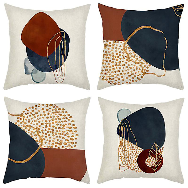 Mid Century Modern Boho Abstrakte Putesett 18x18, 4 stk. Estetisk Navy Blå Burnt Orange Putesett Geometrisk Minimalistisk Dekor for Sofa