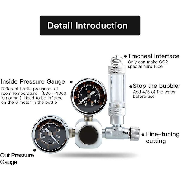 CO2-regulator for akvarium Dobbelt akvarium CO2 trykkmåler Justerbart trykk CO2-system (w21.8)