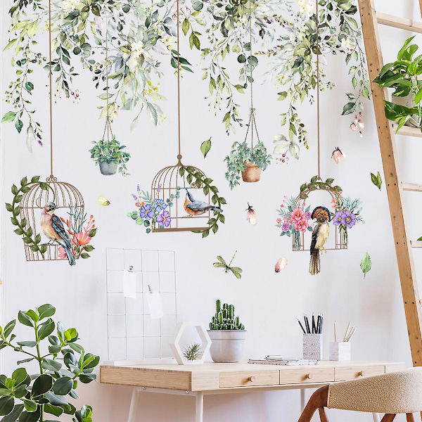 En uppsättning Väggdekaler Växter Blommor Fågelburar Väggdekaler för Vardagsrum Sovrum Kontor Väggdekor