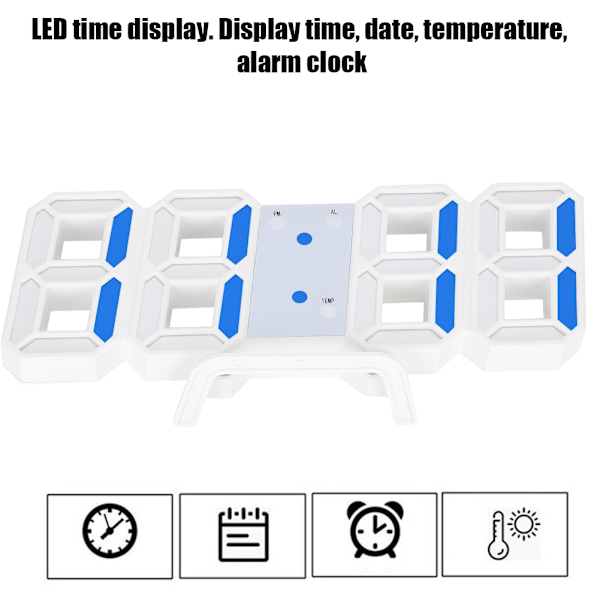 3D Digital LED Væg Ur Alarm Nummer Tid Display USB Opladning Hjem Ure (blå)