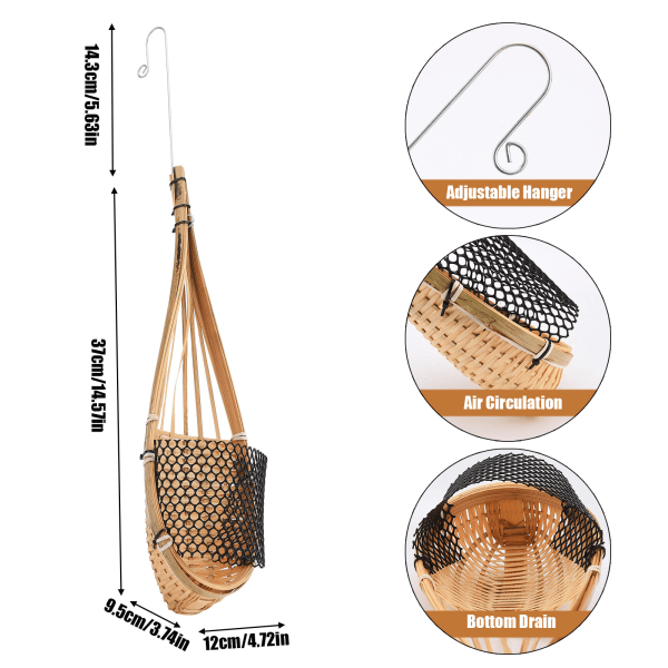 Bambus og træ hængende kurv med håndtag af jerntråd