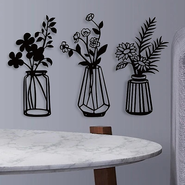3 Delar Metall Blommor Väggdekor Svart Metall Väggkonst Metall Blommig Väggskulptur för Uteplats Balkong Vardagsrum Sovrum Matsal Kök Dekoration