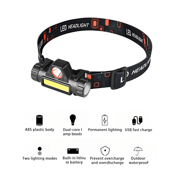 Mini LED-strålkastare USB-laddningsbar justerbar vinkel vattentät lätt COB-huvudlampa för bergsklättring nattfiske arbete utomhusbruk