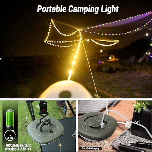 Campinglampe, 2-i-1 USB Fe Lys Camping 10 M, Fe Lys Camping Markise, IP67 Vandtæt Bærbar Campinglampe FarvetLys