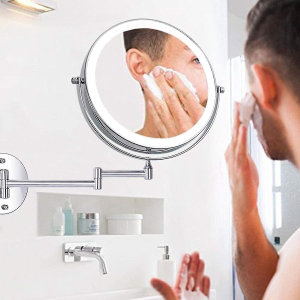 8 tommer LED Vægmonteret Makeup Spejl med Lys og Forstørrelse, 1x/10x Forstørrelse, 360° Udtrækkelig Drejefunktion, til Badeværelser og Familie