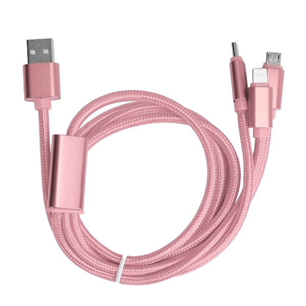 3 i 1 nylonflätad multipel USB snabbladdningskabel för IOS/Type C/Micro USB-portar rosa