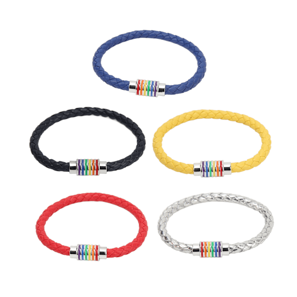5-pack flätade armband i rött, blått, silver, gult och marinblått med magnetiskt spänne i läder för present