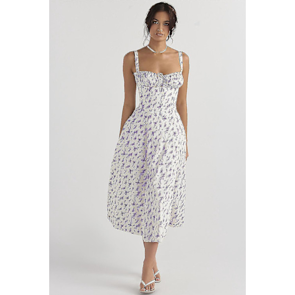 Floral Print Ærmeløs Ruched Buste Split Lår Boho Midi Kjole M Hvid Lilla Blad