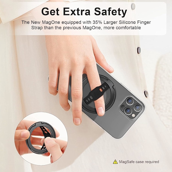 Svart-ny (uppgraderad) telefonhållare med silikongrepp kompatibel med MagSafe, magnetisk ringhållare, endast för iPhone 14, 13, 12 Pro/Max/Plus