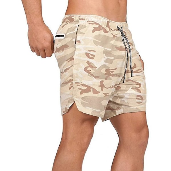 Kevyt ja nopeasti kuivuva miesten 2-in-1 juoksushortsi XXL Beige Camouflage