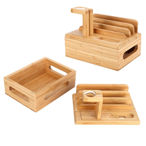 Bambus Enhed Organizer Stativ Mobiltelefon Tablet Ur Holder Skrivebord Opbevaringsboks Gaver
