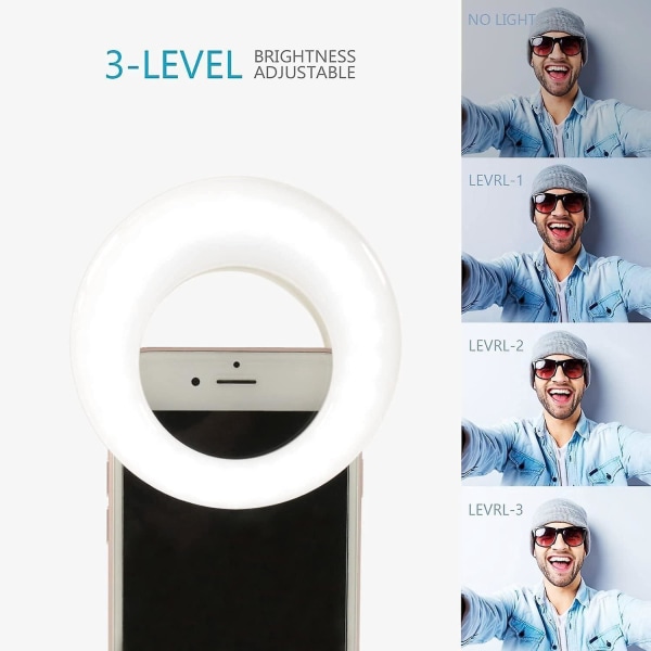 Ladattava selfie-rengasvalo 28 LED-täyttövalolla ja säädettävällä kirkkaustasolla, valkoinen