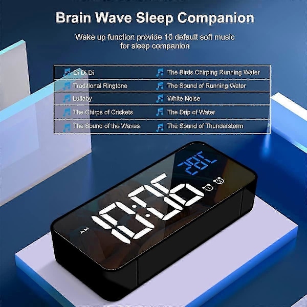 Digital Väckarklocka med Stor LED Temperaturdisplay, Portabel Spegelväckarklocka med Dubbla Alarm Snooze Tid 4 Nivåer Justerbar Ljusstyrka Dimmer 13 Musik
