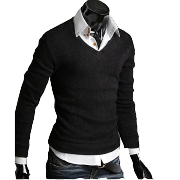 Snygg herrtröja med lång ärm och V-ringning, stickad, XL, svart