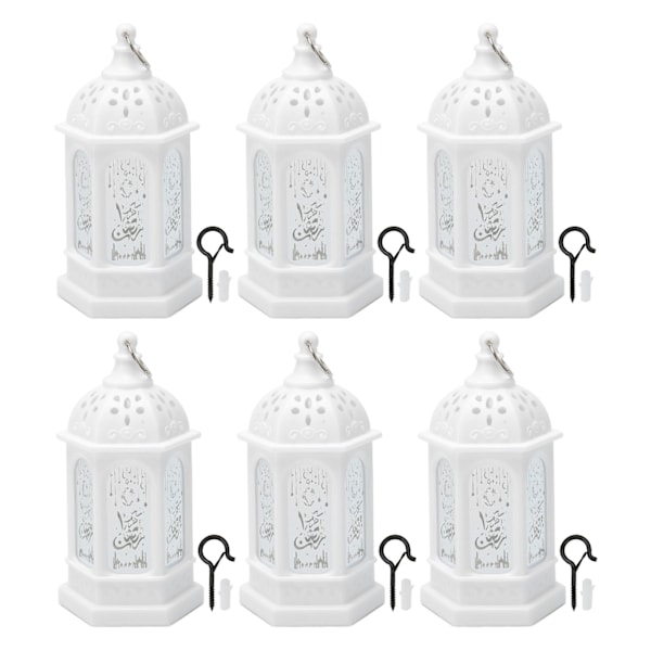 Mini Ramadan Lykta Retro Marockansk Stil Dekorativ LED Eid Mubarak Lykta för Hem Gård Bröllop Festival 6 st Vit