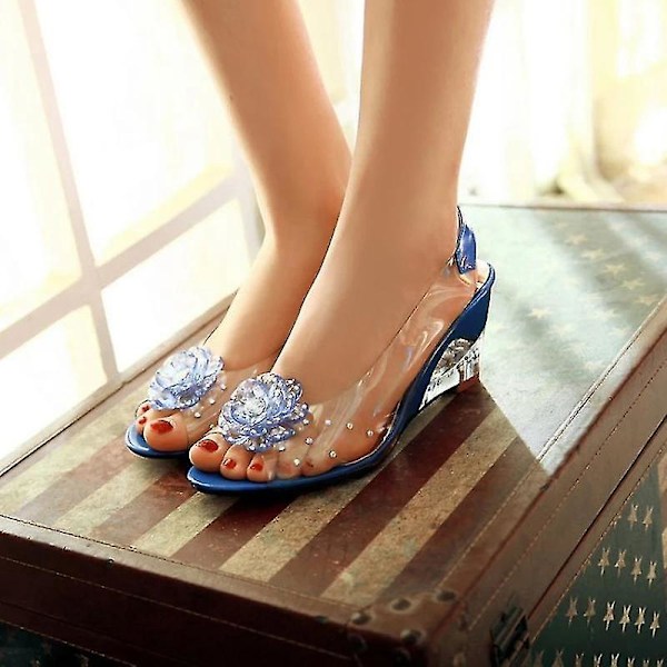 Gjennomsiktige Rhinestone Wedge Heel Sandaler med Studded Flower Design37 Blå