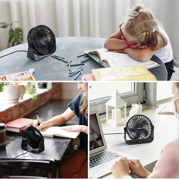 USB Bordventilator, 3 Hastigheds Bordventilator, 360 Justerbar Lydløs Ventilator, Bærbar Ventilator til Kontor, Hjem, Soveværelse, Bil, Udendørs Camping - Sort