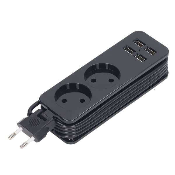 1200W 10A strømskinne 2 runde stik 4 USB-porte strømstik til telefon bærbar computer EU-stik 250V sort