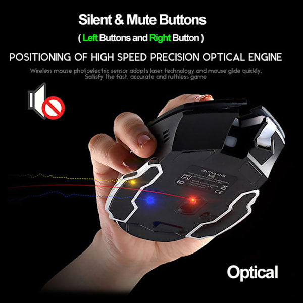 Genopladelig X8 trådløs spilmus Lydløs LED-baggrundsbelyst USB 1800DPI Optisk Ergonomisk Gaming-mus