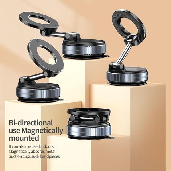 Universal magnetisk bilholder med ekstra stærk sugekop, 360° rotation og justering til iPhone/Android, MagSafe-kompatibel, sort