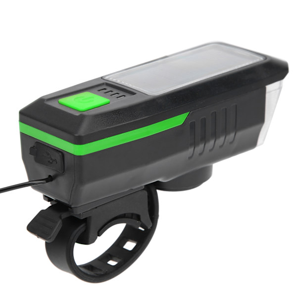 Solcelledrevet USB-opladningscykellys Forlygte Lommelygte Cykeltilbehør med Advarselshorn Sort og Grøn