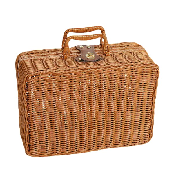 Vävd picknicklåda i plastrotting, luktfri retro vävd förvaringslåda med ringformat handtag för utomhusbruk, träfärg L