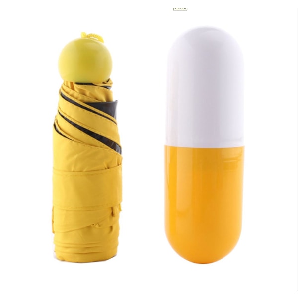 Kompakt Mini Paraply med Sød Kapseltaske Foldbar Lommeparaply UV Beskyttelse Gul
