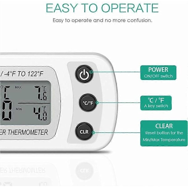 Kylskåpstermometer LCD-display Digital Vattentät Frysskåpstermometer med Magnetisk Krok Kylskåpstermometer (-20 50) Svart