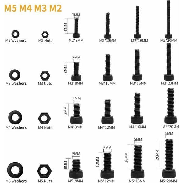 1225 kpl M2 M3 M4 M5 hiiliteräs kuusiokoloruuvit ja mutterit lajitelma (musta)