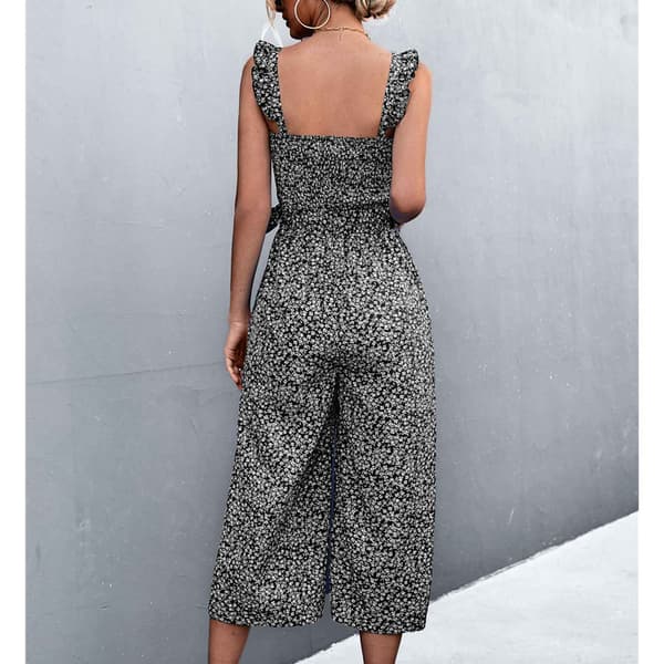 Sommarjumpsuits för damer, smockad midja, bälte, 2 fickor, vida ben, blommiga tryckta rompers