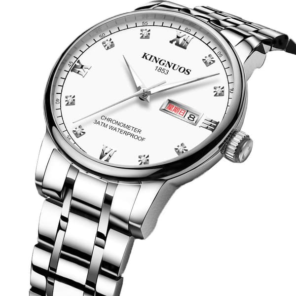 Trendy vanntett lysende studentklokke med nagler Hvit skive White dial Silver belt