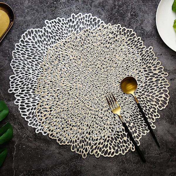 Blossom Floral -prässätty vinyylinen pyöreä pöytätabletti, 38 cm - Kulta ja hopea (2 kpl)