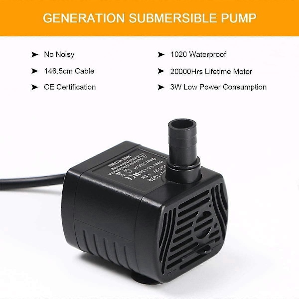 Nedsænkbar vandpumpe, akvariepumpe justerbar 200L/H 3W Ultra-støjsvag USB-pumpe til dam fisketank springvand fisketank 1,4m ledning