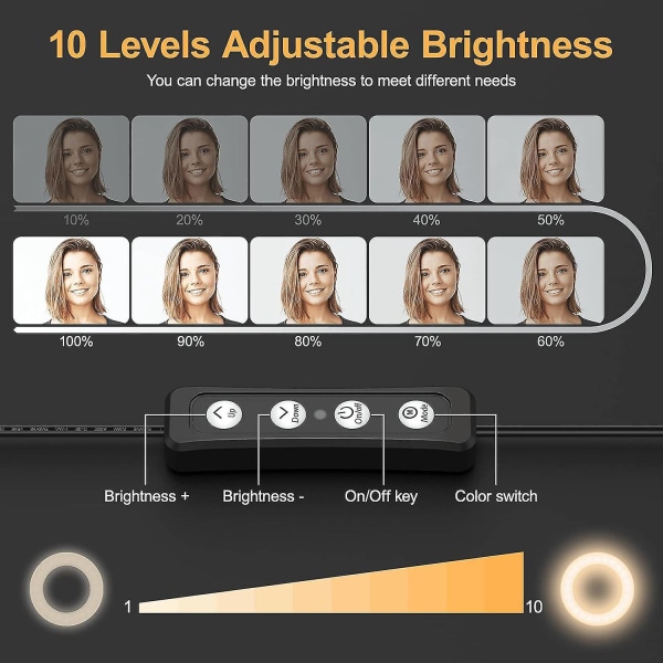 Justerbart LED-ringlys med stativ og klipsstativ - 4 fots videokonferanse, Selfie, Live Streaming, Makeup Light