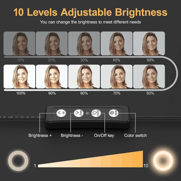 Justerbart LED-ringlys med stativ og klipstativ - 4 fods videokonference, selfie, livestreaming, makeuplys