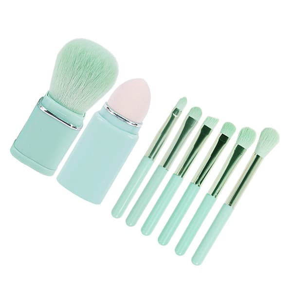 8 stk. make-up børstesæt, bløde børster, udtrækkelig pudderbørste, mini bærbar make-up børster til rejser, lyseblå