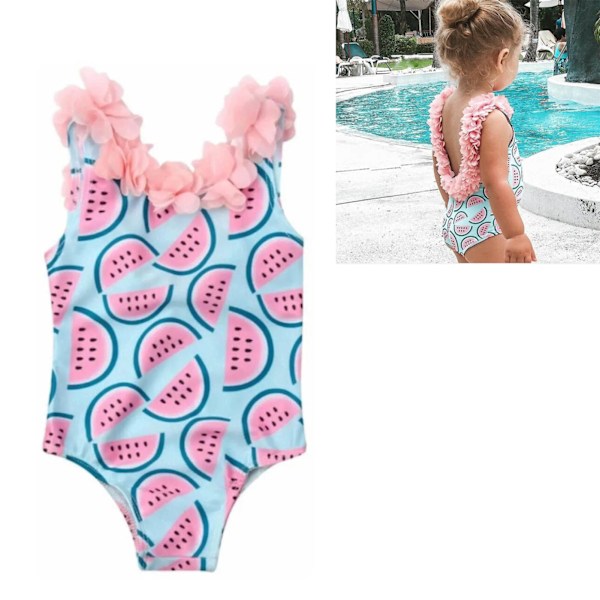 Barnbaddräkt för flickor med vattenmelonsmönster och 3D-blommor, enfärgad baddräkt för strand, rosa och blå, 110 cm/43,3 tum