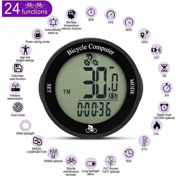Vandtæt trådløs cykelcomputer speedometer med LCD-baggrundsbelysning, multifunktionel cykelkilometertæller,