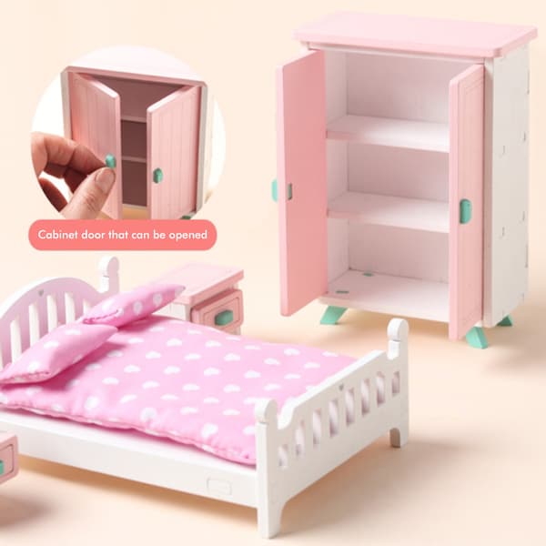 Flickor Trä Rosa Sovrum Lekset Låtsaslek Dockhus Möbler Set Simulering Miniatyr Display Modell