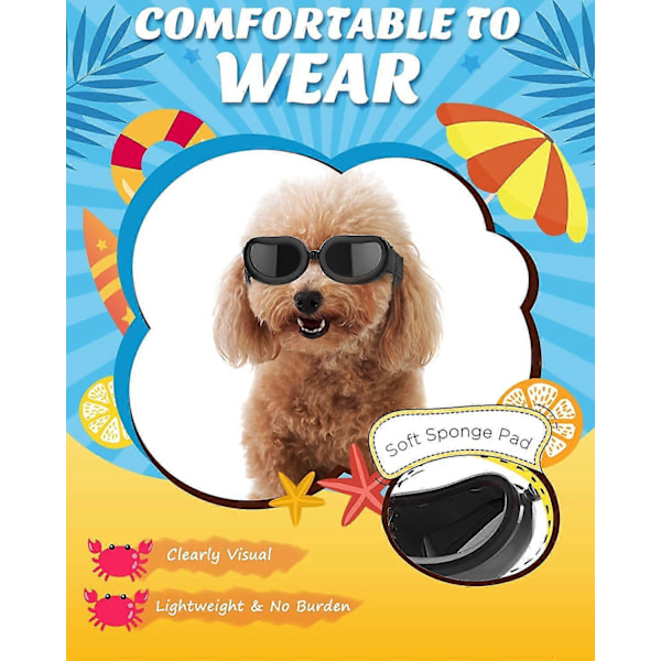 Hundebriller, Justerbare Kæledyrssolbriller, Anti-UV Støvtætte Briller, Vandtætte Vindtætte til Små Mellemstore Hunde Katte - Sort