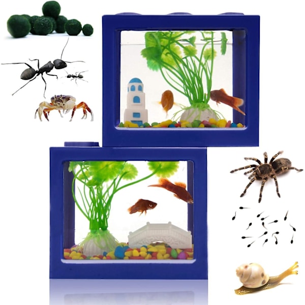 Blå Betta Akvarium Set med Grus, Växter och Matstenar för Sköldpaddor och Reptiler liten blå