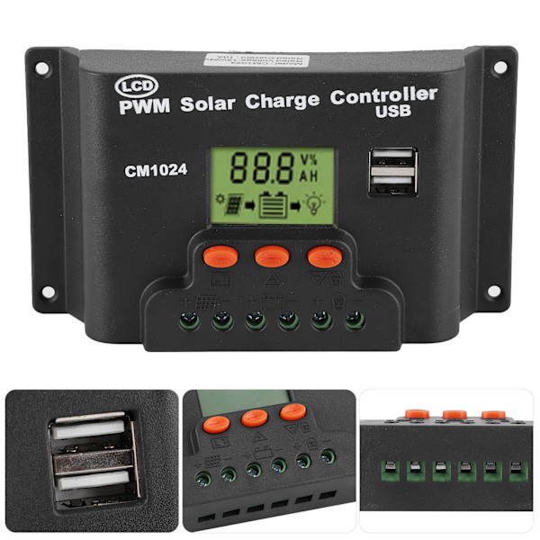 12V/24V LCD solcelleladningsregulator med dobbelt USB-udgang til batteri til brug i hjemmet, industri og erhverv med 20A nominel opladning/afladning
