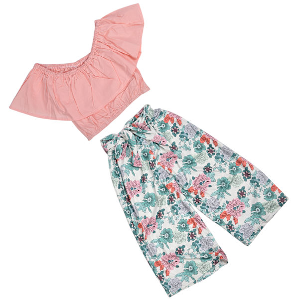 2 stk jentesommerantrekk fasjonabel offshoulder topp belte blomsterbukse babyklærsett (rosa 120 cm)