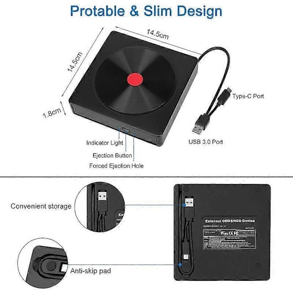 Ulkoinen DVD-asema, kannettava USB 3.0 ja Type C -poltin CD/VCD/DVD/CD-ROM-kortinlukija USB DVD-asema Windows- ja Mac IOS -pöytätietokoneille