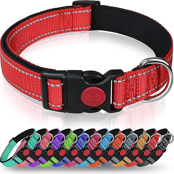 Hundhalsband, Klassiskt Justerbart Reflexhalsband i Nylon med Andningsbar Mjuk Vaddering M, Röd