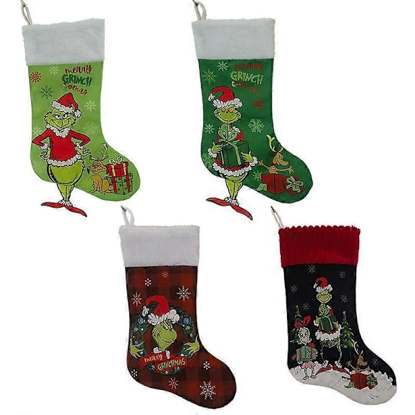 Grinchen Julstrumpor Set om 4 Grinchen Monster Julklappspåse Rolig Jul Hängande vid Spisen för Barn Julgransprydnad