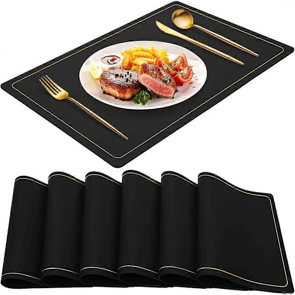 Svarta Placemats för Matbord Set om 6, Vattentäta Avtorkningsbara PU Läder Bordstabletter Inomhus, Tvättbara Köksbordsunderlägg för Påsk Thanksgiving Jul