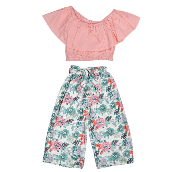 2-delars flicksommaroutfit, trendig off-shoulder-topp med bälte och blommiga byxor, babykläder (rosa 120 cm)