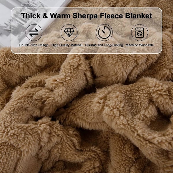 Sherpa Fleece Plaider, Vintertæpper, Vendbar Hyggelig Blød Plaider til Seng, Sofa, Stol, Store Jacquard Coral Fleece Plaider, 150x200cm