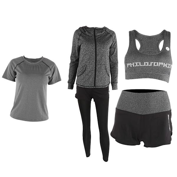 5-delad yogasett för kvinnor, sportkläder, gymjacka, långärmad topp, leggings, shorts, yogadräkt, mörkgrå, XXL